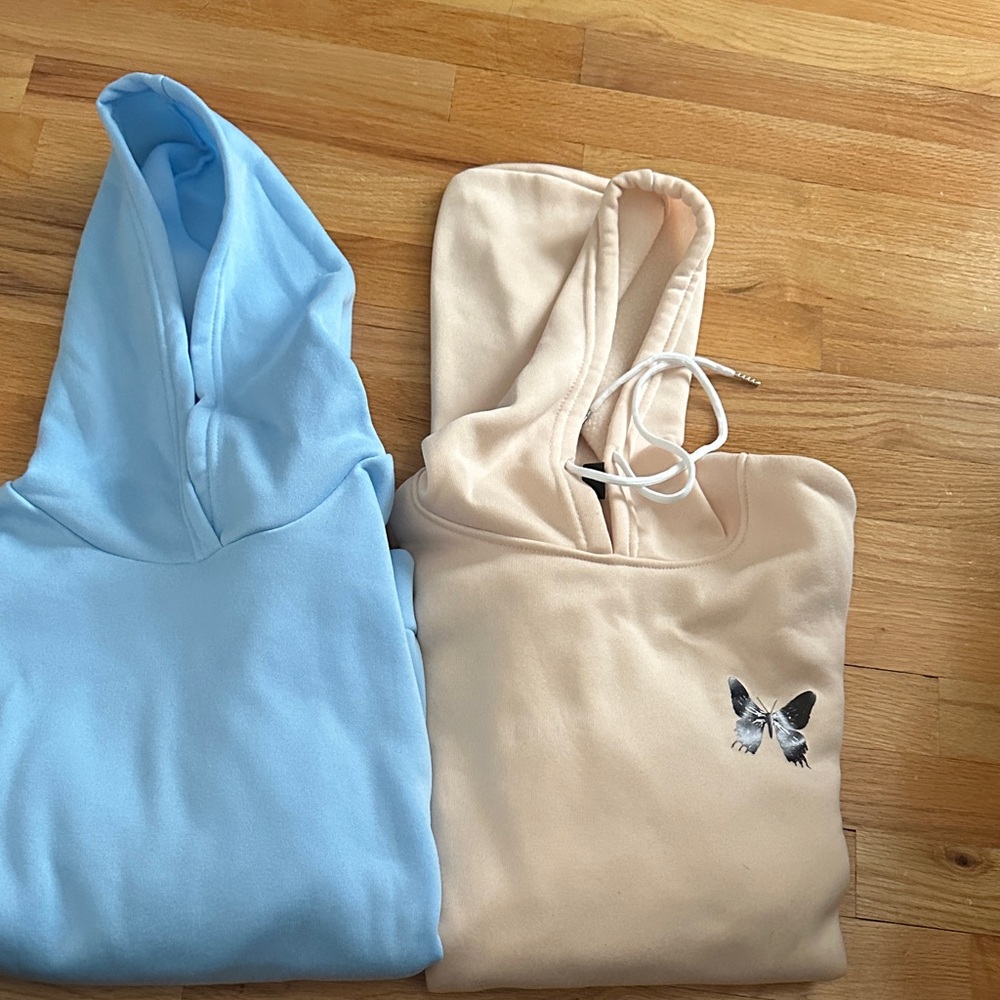 SHEIN Blue and Beige Hoodies with Butterfly Details